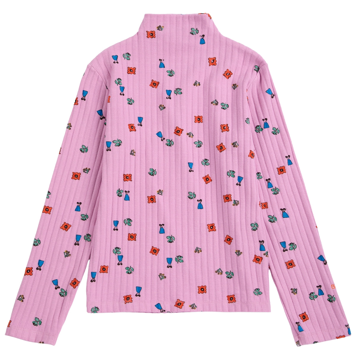 The Blossom All Over Turtleneck Tee in lavender ribbed knit featuring a colorful pattern of mini flowers and figures.