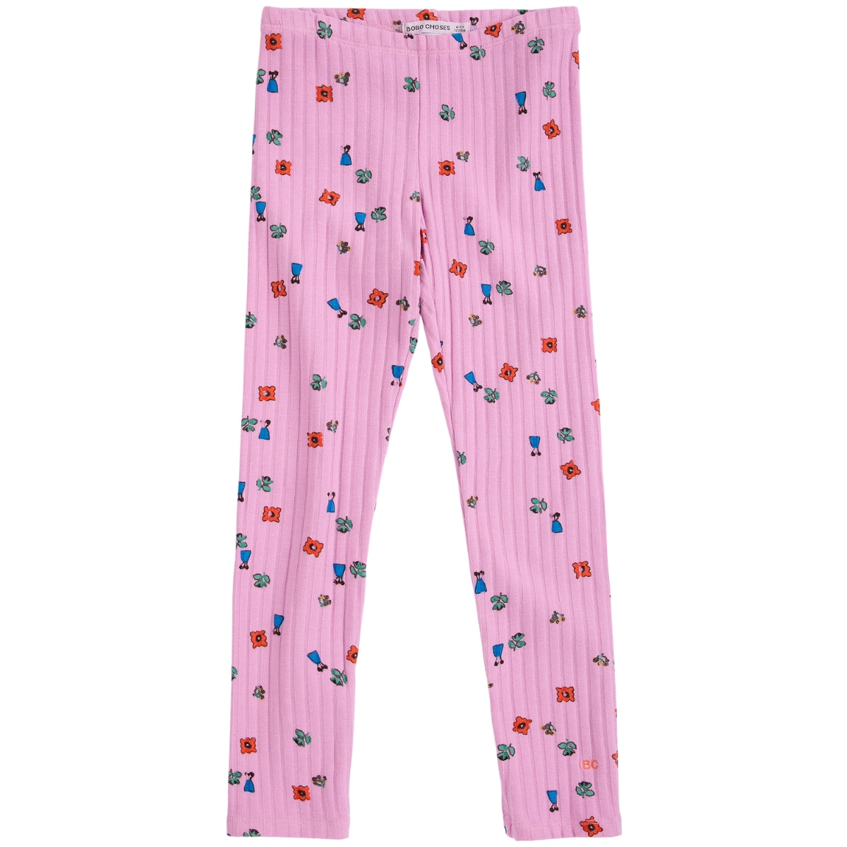 The Blossom All Over Leggings in pink ribbed knit featuring a colorful pattern of mini flowers and whimsical figures.