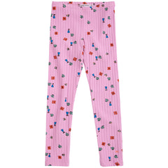 The Blossom All Over Leggings in pink ribbed knit featuring a colorful pattern of mini flowers and whimsical figures.