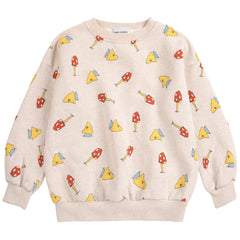 The Mush Monster Duo All Over Sweatshirt featuring a slouched long-sleeve fit with a playful mushroom monster graphic pattern.