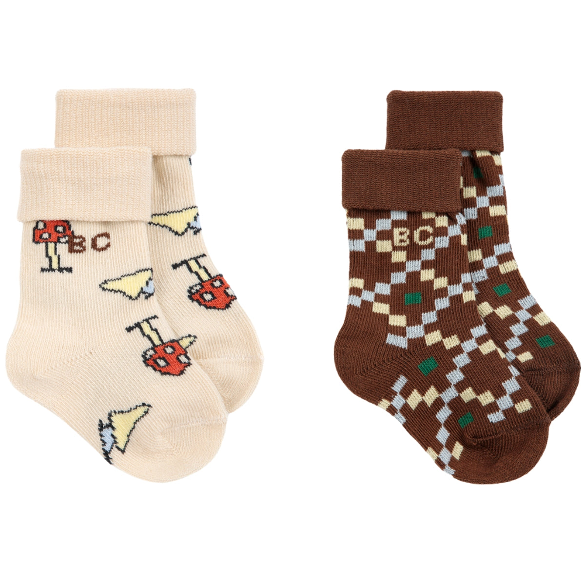 The Mush Monster Duo Socks Pack from Bobo Choses showing an off-white mushroom pair and a brown geometric check pair.