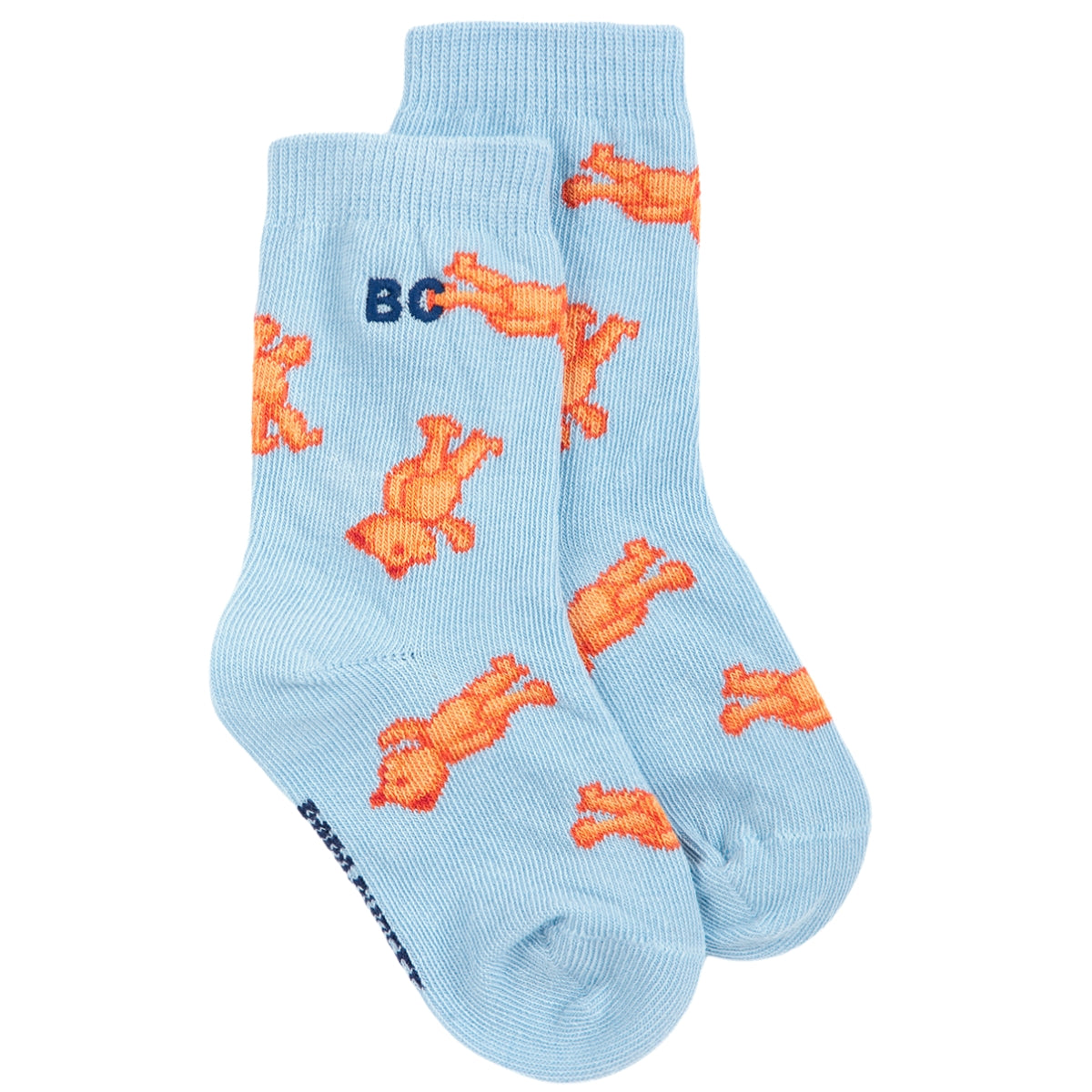 The Softpaw Monster All Over Short Socks from Bobo Choses in light blue knit with an orange teddy bear print and BC logo.