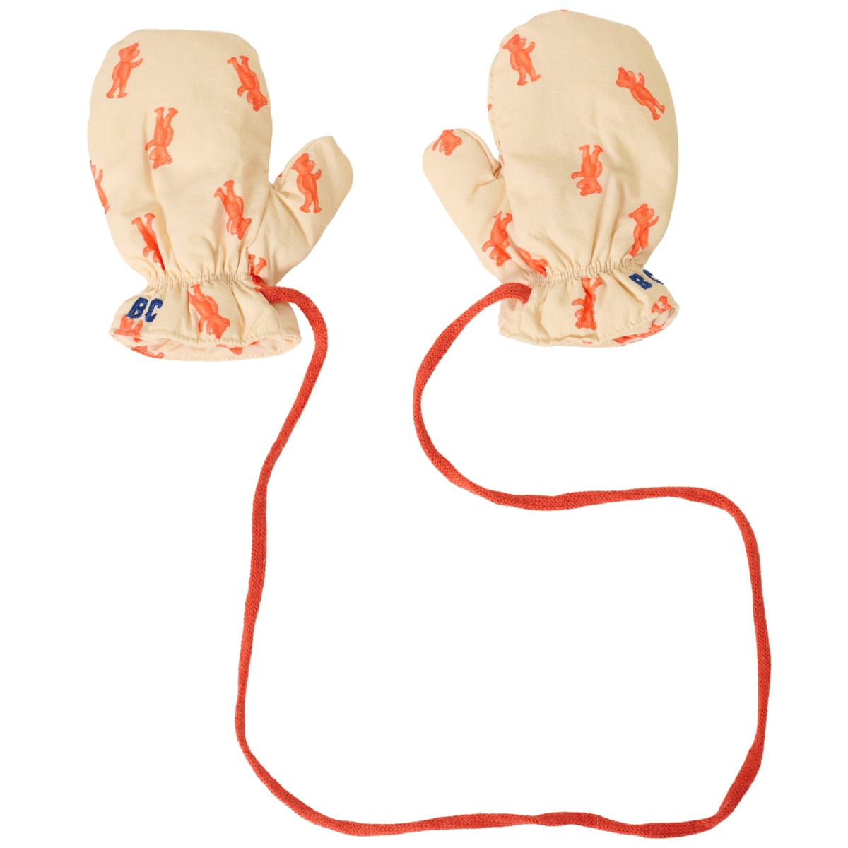Bobo Choses Softpaw Monster All Over Mittens with all-over monster print, elastic cuffs and chin cord.