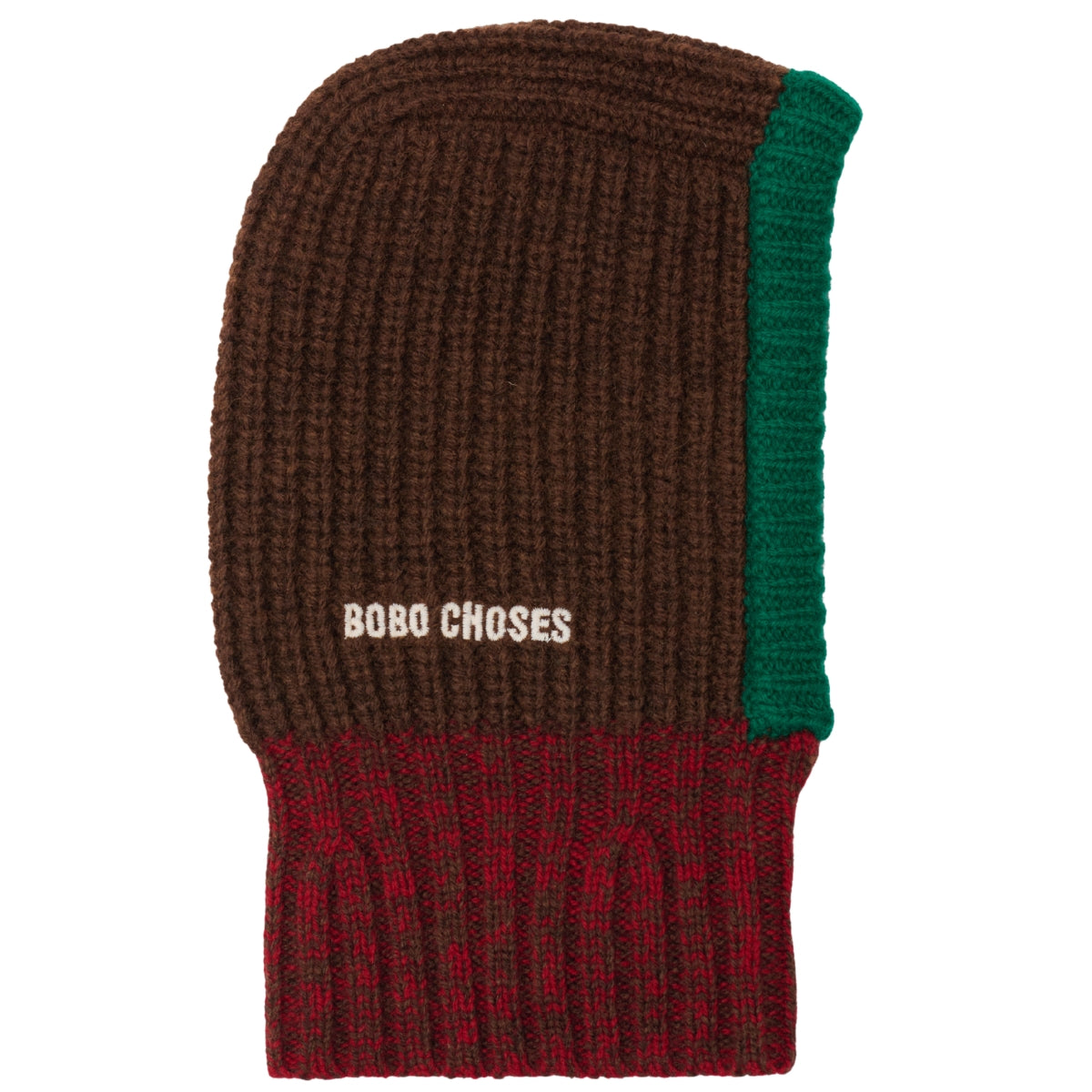The Bobo Choses Knitted Balaclava in a brown, green, and burgundy ribbed knit with an embroidered white logo.