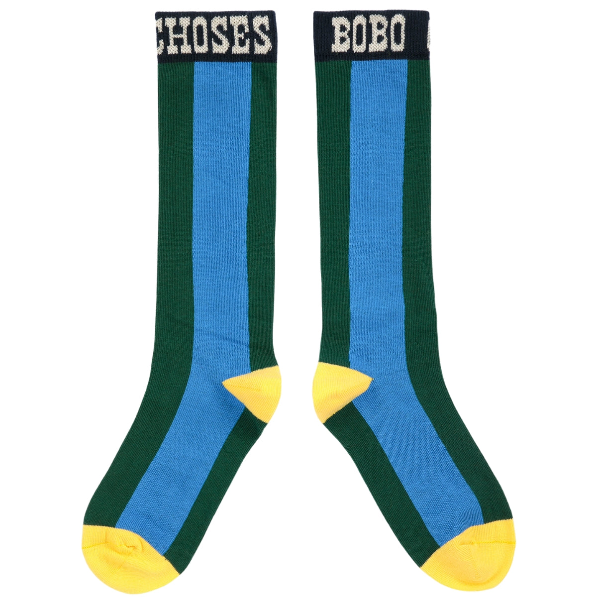 The Bobo Choses Extra Long Socks featuring vertical color blocking, contrast heel and toe panels, and logo-band cuffs.