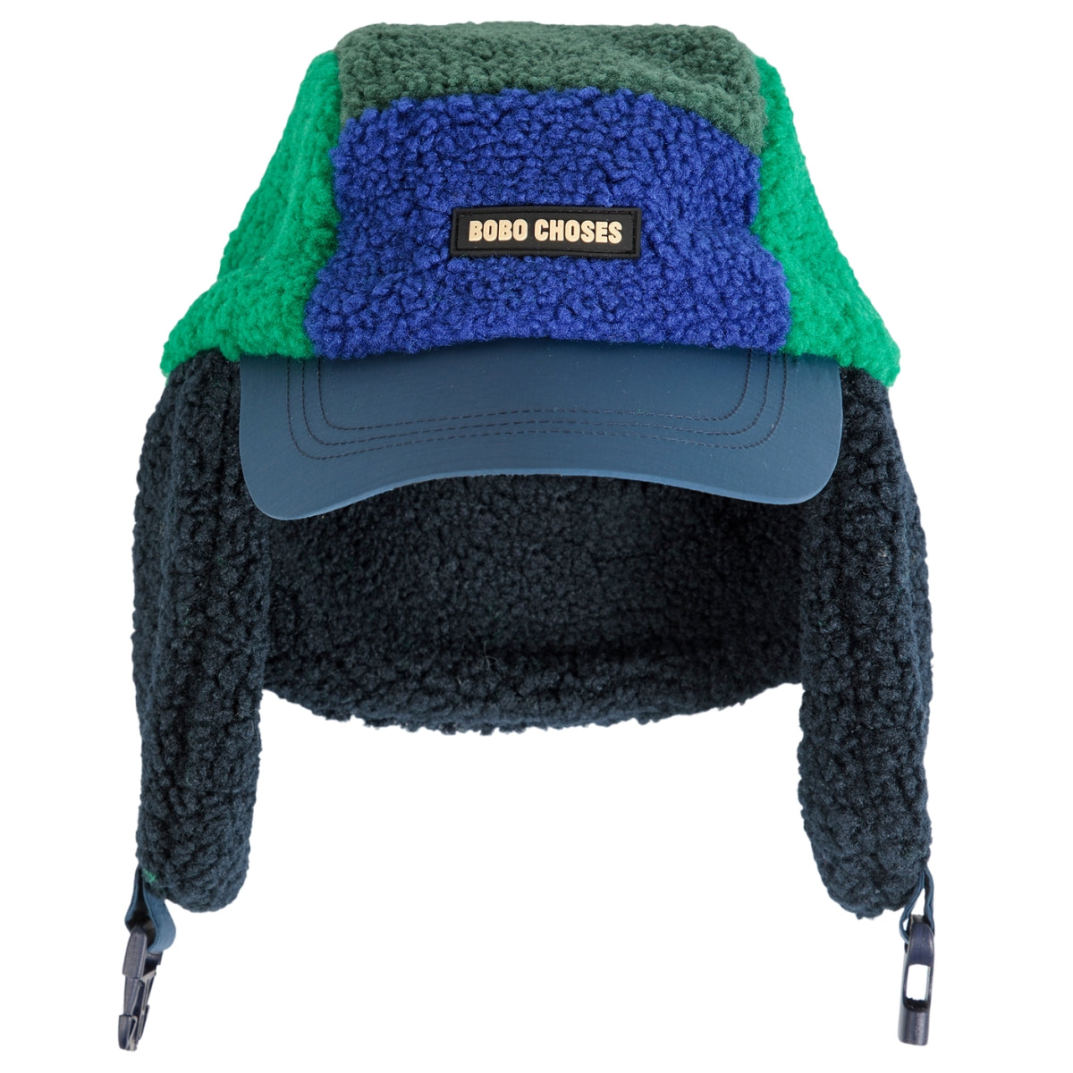 Bobo Choses Color Block Sheepskin Chapka, kids' plush winter hat with ear flaps and adjustable chin straps