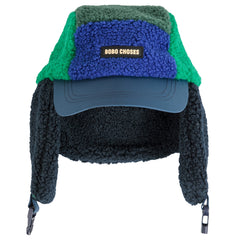 Bobo Choses Color Block Sheepskin Chapka, kids' plush winter hat with ear flaps and adjustable chin straps