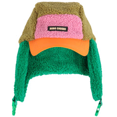 Bobo Choses Color Block Sheepskin Chapka with sherpa lining, ear flaps and adjustable chin straps