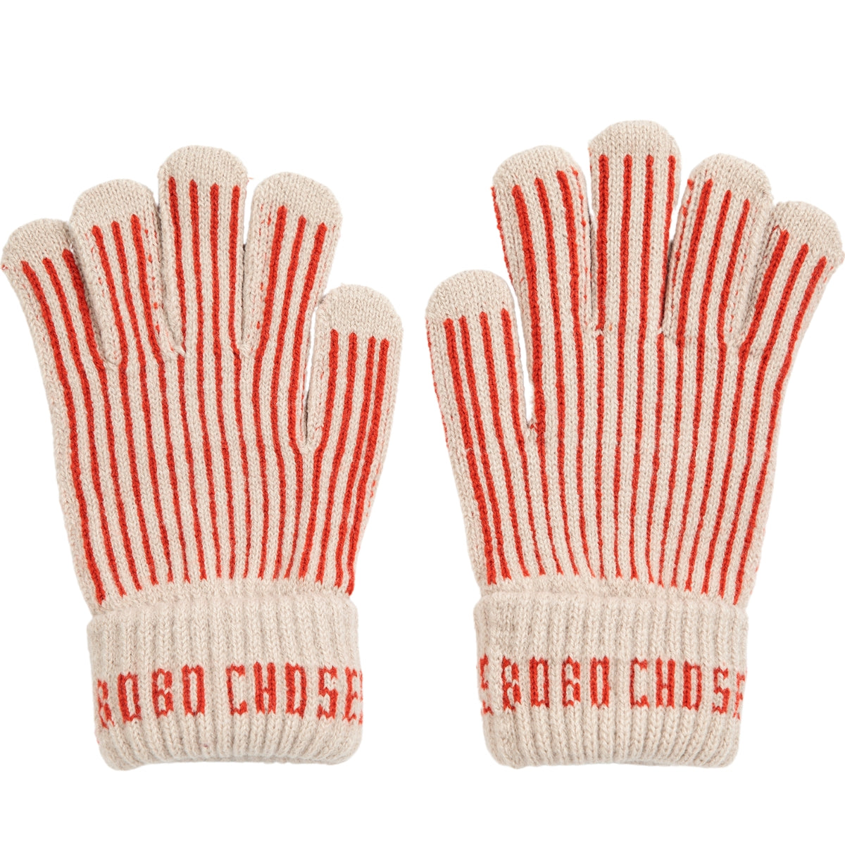 The Bobo Choses Knitted Gloves in off-white and red vertical ribbed stripes with folded "BOBO CHOSES" logo cuffs.
