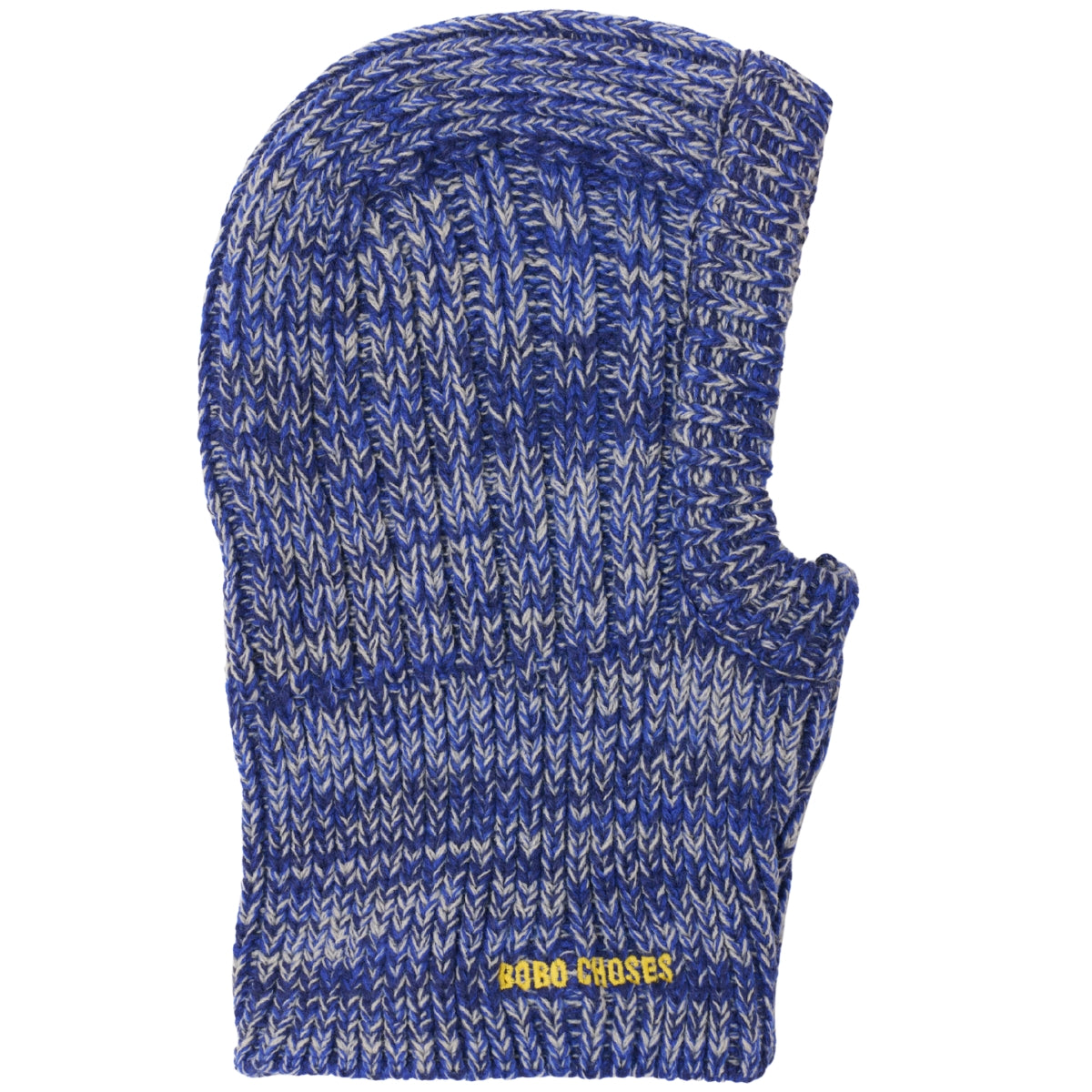 The Bobo Choses Knitted Balaclava in marled blue and grey chunky ribbed knit with a yellow embroidered logo.