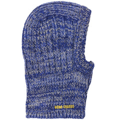 The Bobo Choses Knitted Balaclava in marled blue and grey chunky ribbed knit with a yellow embroidered logo.