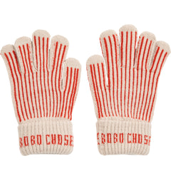 The Bobo Choses Knitted Gloves in off-white and red vertical ribbed stripes with folded "BOBO CHOSES" logo cuffs.