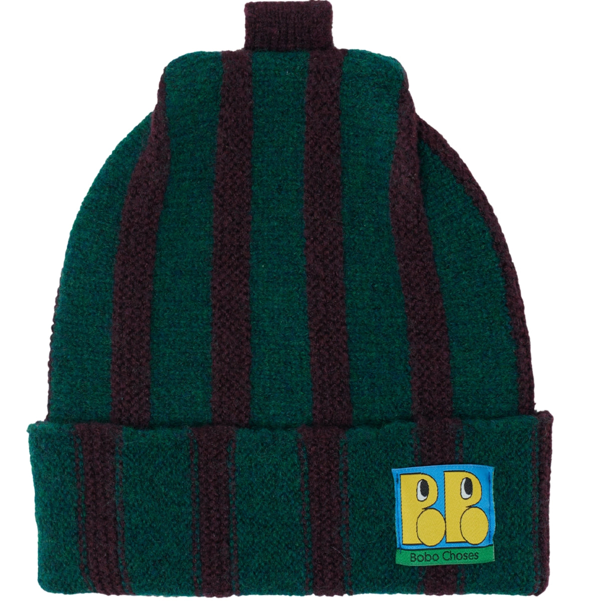 Booo Bo Choses Tag Knitted Beanie in green and burgundy vertical stripes featuring a top stalk and graphic logo patch.