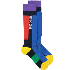 The Bobo Choses Ski Long Socks featuring a bold geometric pattern, supportive arch cushioning, and vertical branding.