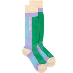 The Bobo Choses Ski Long Socks featuring green, purple, and light blue color blocking with white side branding and cream cuffs.