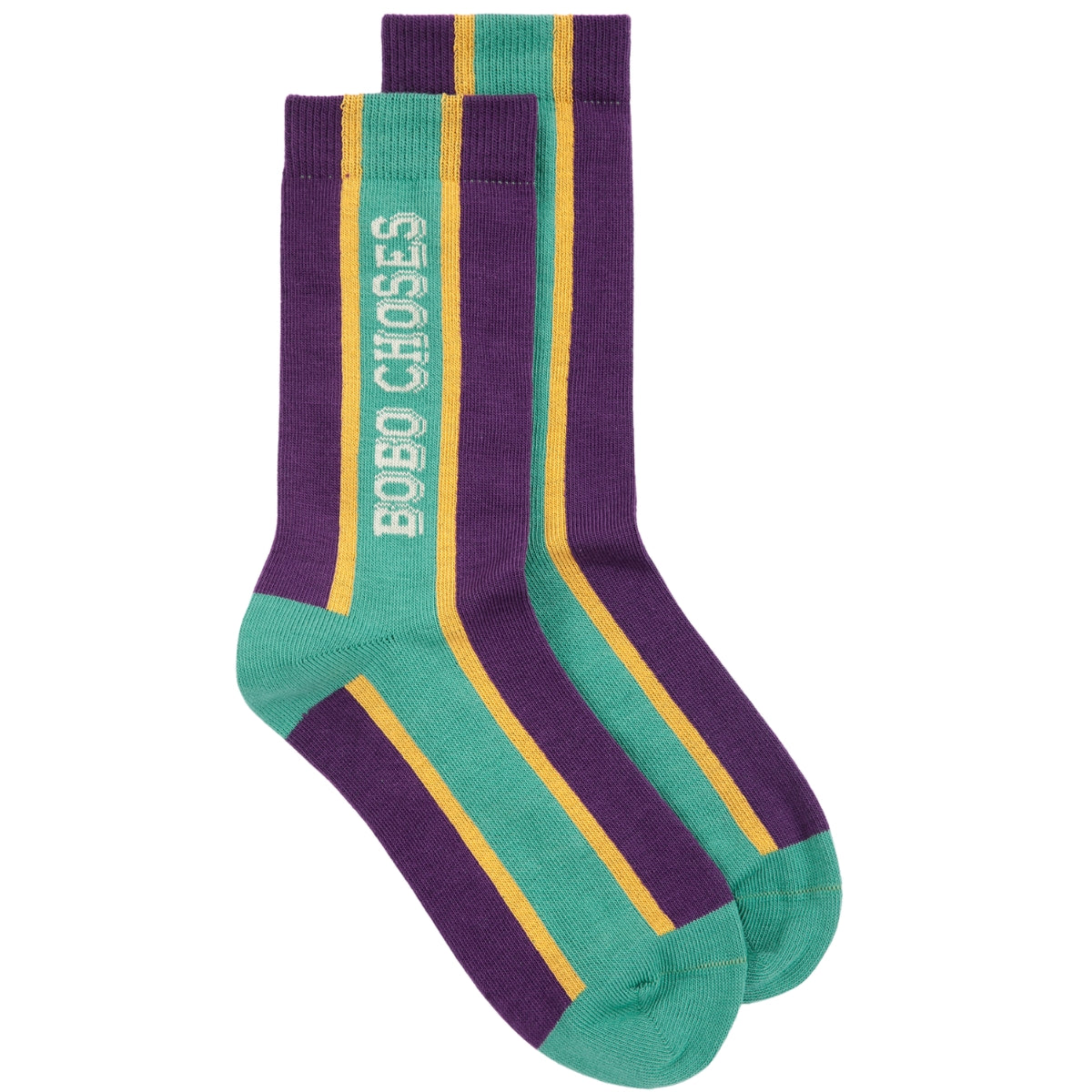 The Bobo Choses Embossed Extralong Socks in purple and teal green featuring yellow vertical stripes and white branding.