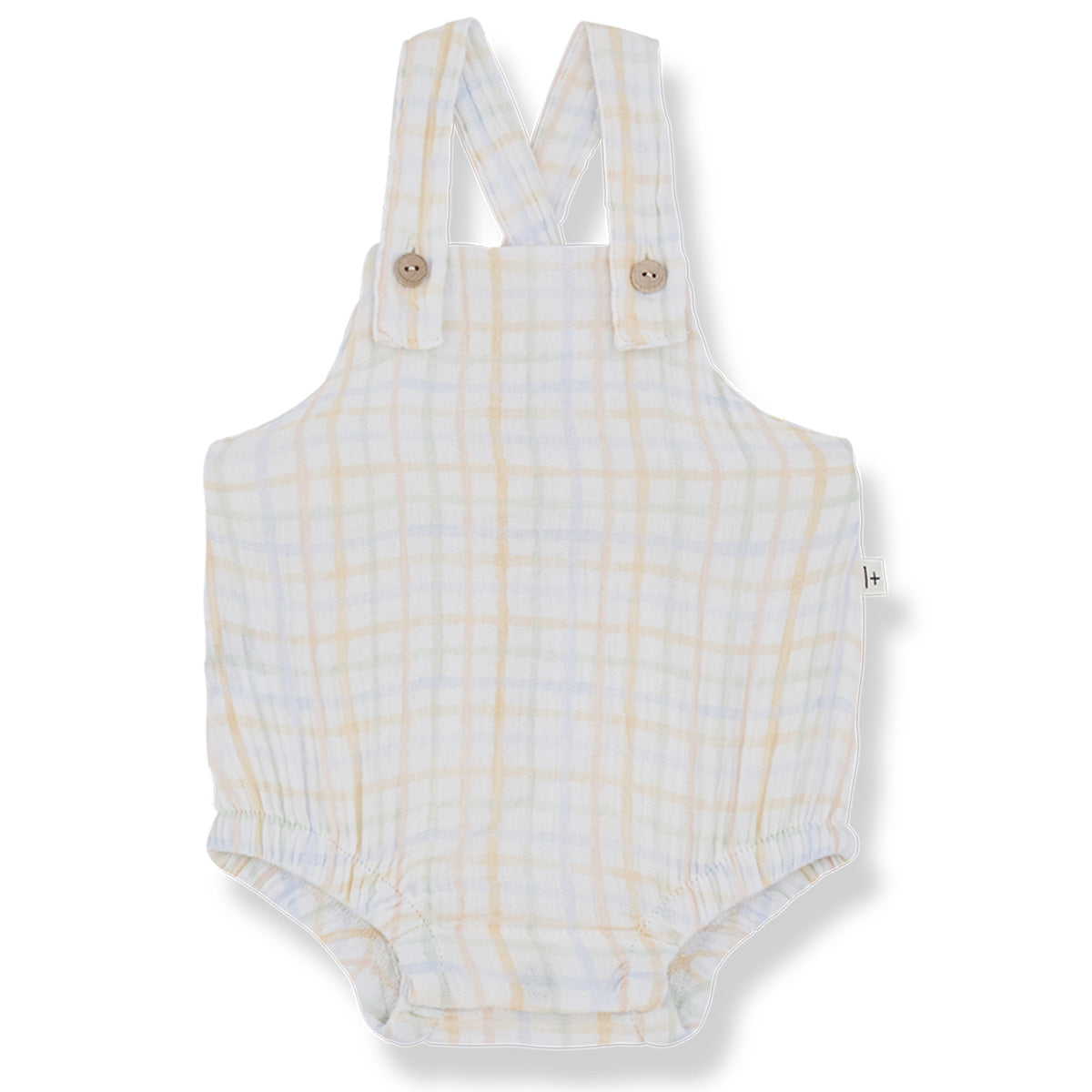 The Baba Romper from 1+ in the Family. Adorable baby romper with soft pastel plaid, adjustable button straps.