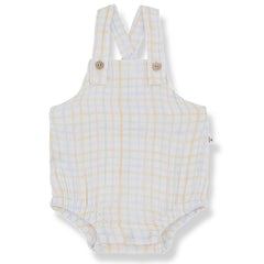 The Baba Romper from 1+ in the Family. Adorable baby romper with soft pastel plaid, adjustable button straps.