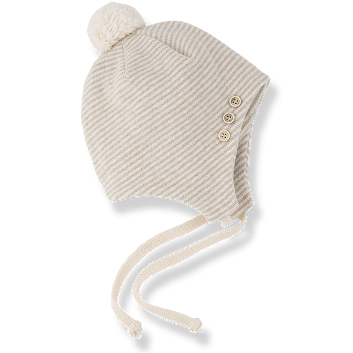 1+ in the Family The Bayonne Beanie in cream knit with beige stripes and pom-pom