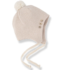 1+ in the Family The Bayonne Beanie striped knit baby hat with pom-pom and chin ties