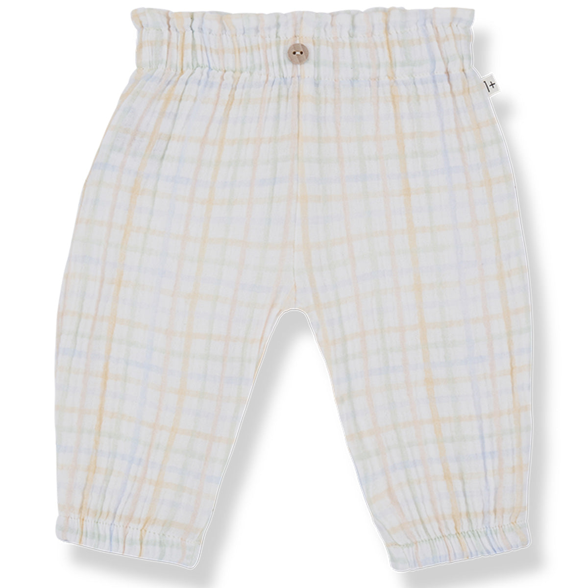 Bego Pants by 1+ in the Family. Soft and airy baby pants featuring a gentle pastel plaid pattern, a comfy elastic waistband