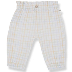 Bego Pants by 1+ in the Family. Soft and airy baby pants featuring a gentle pastel plaid pattern, a comfy elastic waistband