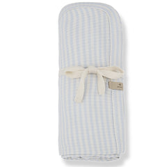 The Betta Blanket from 1+ in the Family. Soft and lightweight baby blanket in pale aqua with a subtle checkered pattern.