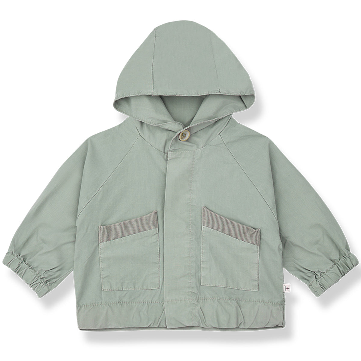 The Bisbal Jacket from 1+ in the Family in iceberg green with hood, front button closure, elastic cuffs, and patch pockets.