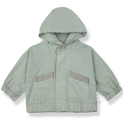 The Bisbal Jacket from 1+ in the Family in iceberg green with hood, front button closure, elastic cuffs, and patch pockets.