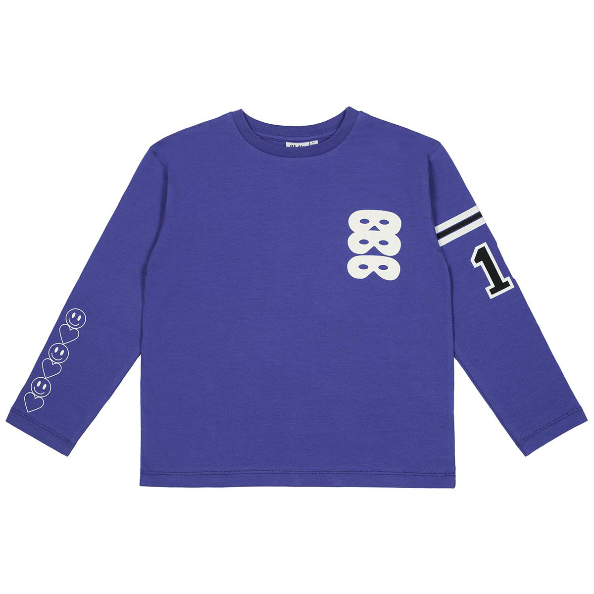 Blue 10 Long Sleeve Tee by Beau Loves features three hero masks, small heart and smiley face prints