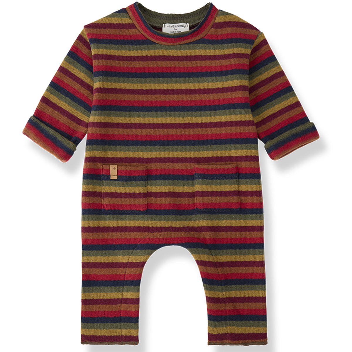 Brampton Jumpsuit by 1+ in the Family striped baby romper in red, mustard, navy and olive green