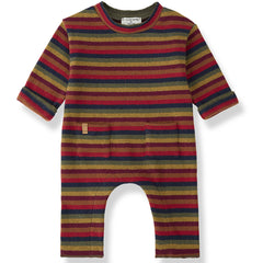 Brampton Jumpsuit by 1+ in the Family striped baby romper in red, mustard, navy and olive green
