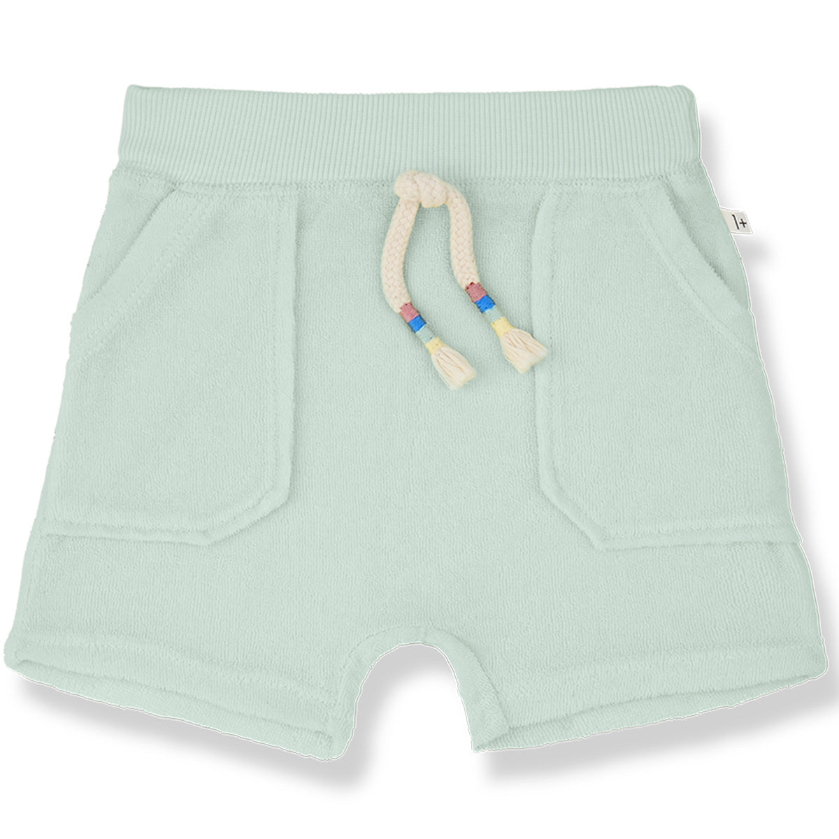 The Buger Bermuda from 1+ in the Family in soft terry fabric with braided drawstring waistband and front patch pockets.