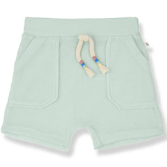 The Buger Bermuda from 1+ in the Family in soft terry fabric with braided drawstring waistband and front patch pockets.