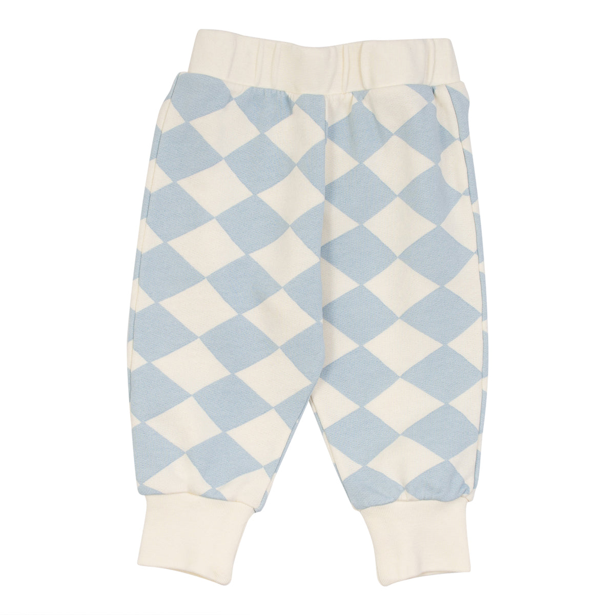 The Baby Diamond Track Pant from Wynken. Roomy track pant, Elasticated cuff and waist, Soft fleece jersey in ecru