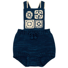 The Baby Crochet Afghan Romper from Misha & Puff. A romper in Pima cotton, featuring hand-crocheted afghan-inspired design.