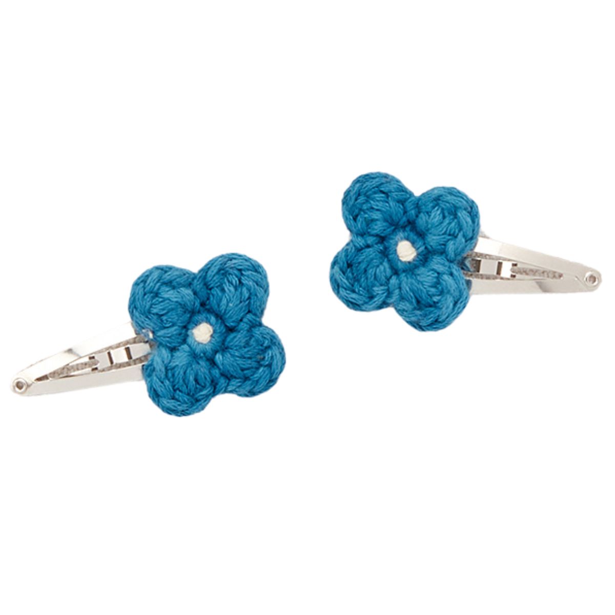 The Baby Fleur Set from Misha & Puff. A two-color hand-crocheted flower set on snap clips