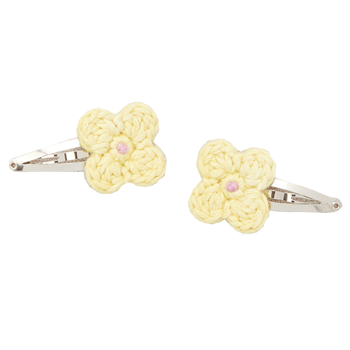 The Baby Fleur Set from Misha &amp; Puff. A two-color hand-crocheted flower set on snap clips