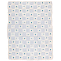 The Balloon Blanket from Bebe Organic featuring a patchwork grid design with hot air balloon motifs and lace border trim.