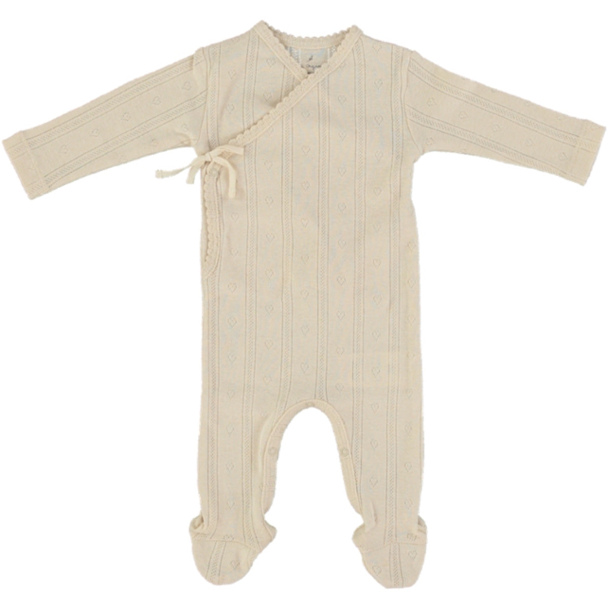 The Bebe Wrap Overall by Bebe Organic, cream knit baby onesie with wrap front, subtle heart pattern, long sleeves, and footed legs.