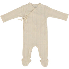 The Bebe Wrap Overall by Bebe Organic, cream knit baby onesie with wrap front, subtle heart pattern, long sleeves, and footed legs.