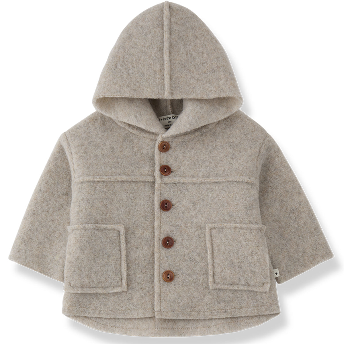 1+ in the Family The Calabria Hooded Jacket in beige wool blend with brown buttons and pockets