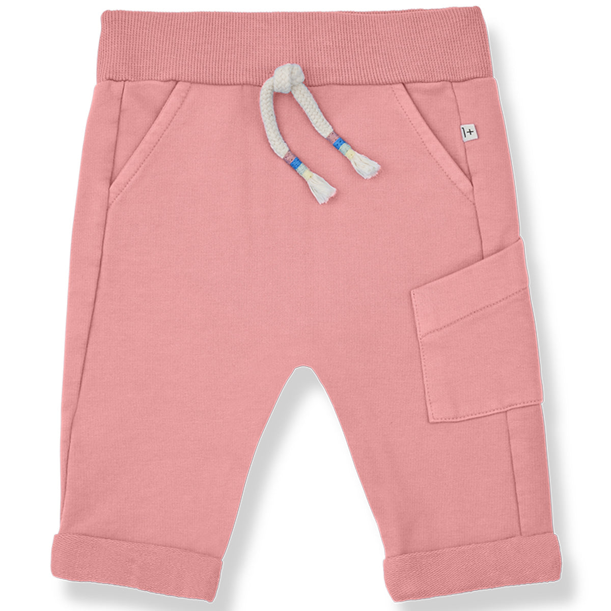 The Calafell Pants from 1+ in the Family with elastic waistband, braided drawstring, cuffed hems, and side pocket.