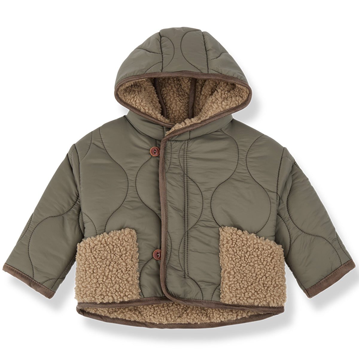 Calgary Padded Jacket by 1+ in the Family olive green quilted kids jacket with sherpa lining and hood