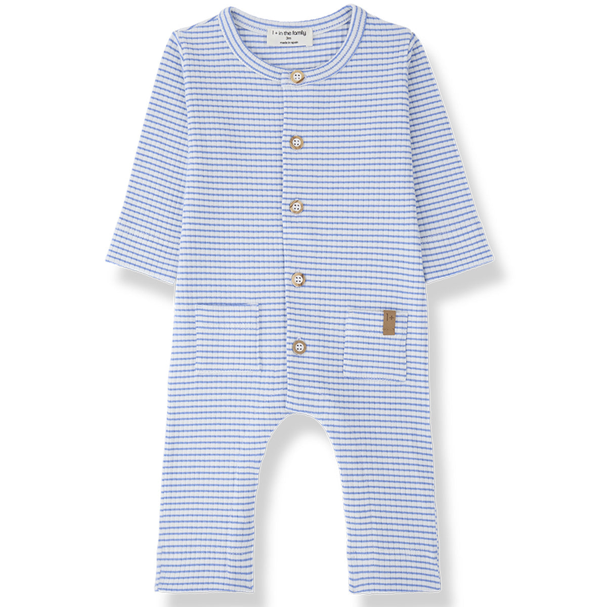 The Cambrils Jumpsuit from 1+ in the Family in ultramarine stripes with front buttons and patch pockets.