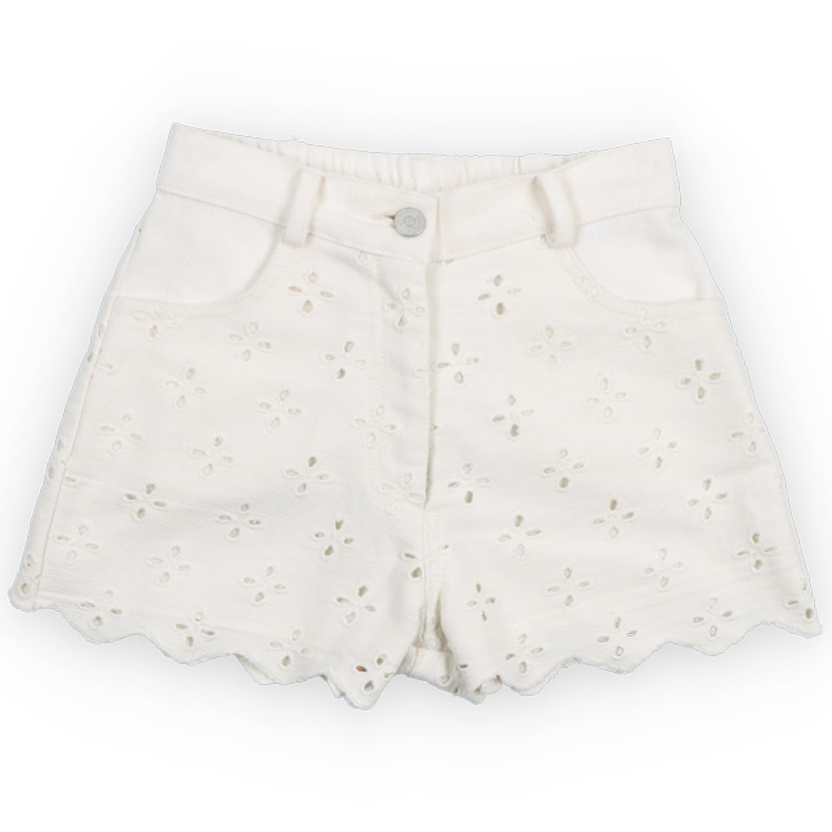 Camelia Short from The New Society in off-white cotton with broderie anglaise, scalloped hem, elastic waist and front button
