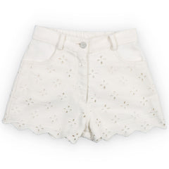 Camelia Short from The New Society in off-white cotton with broderie anglaise, scalloped hem, elastic waist and front button