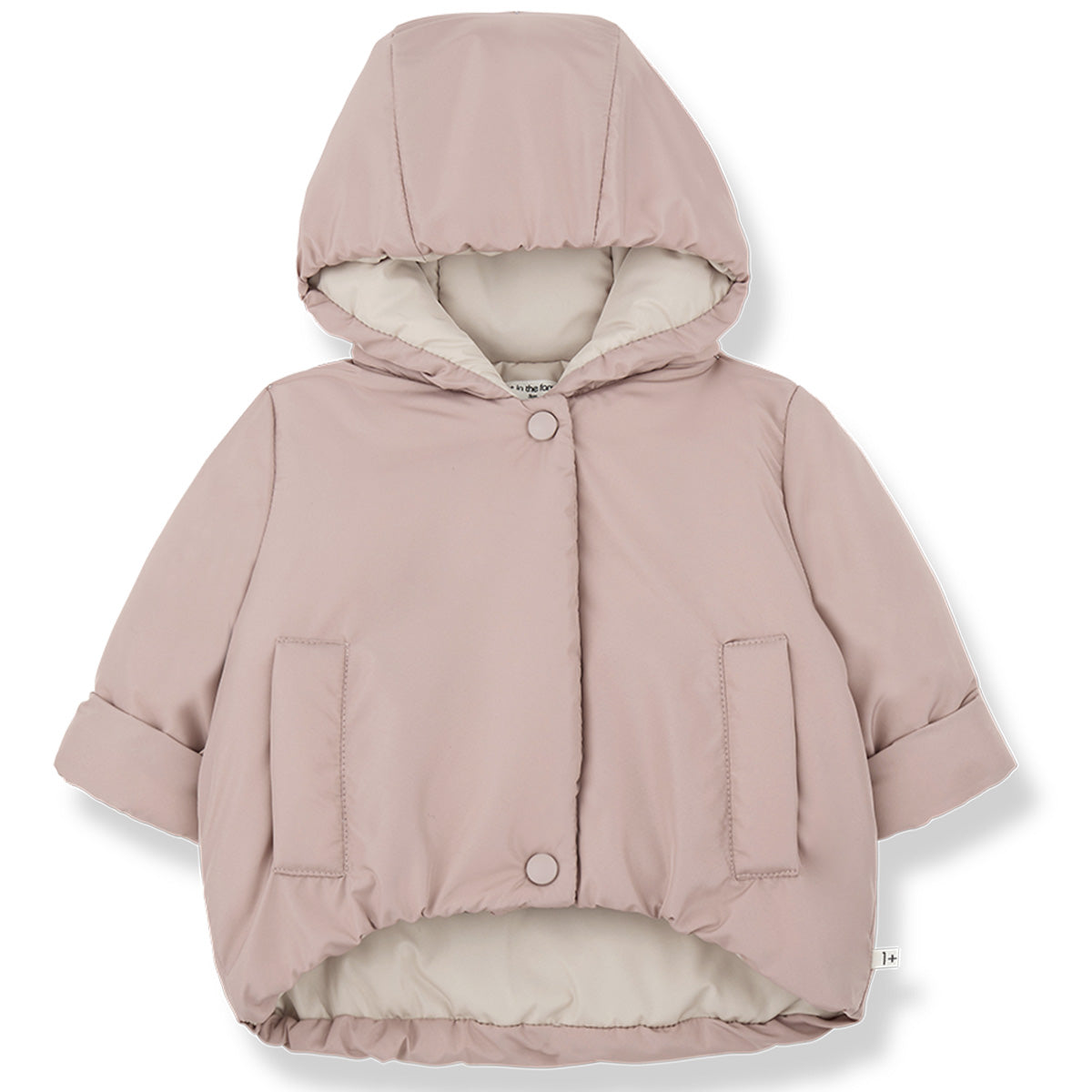 Camilla Padded Coat from 1+ in the Family. Padded baby jacket with a warm lining, hood, front snap buttons, and elastic hem.