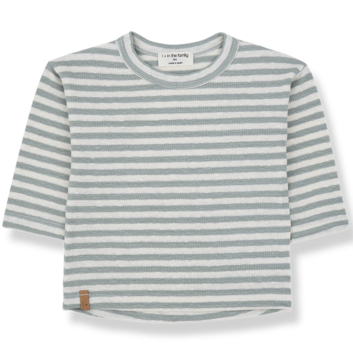 The Canapost Long Sleeve Tee from 1+ in the Family with iceberg and off-white stripes and a soft cotton knit design.