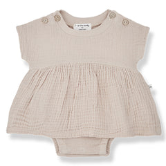 The Candela Body Dress from 1 + in the Family. Sweet baby romper dress in a cotton muslin fabric